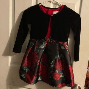 The Children's Place Black Velvet Bolero with Red Rose Print Dress